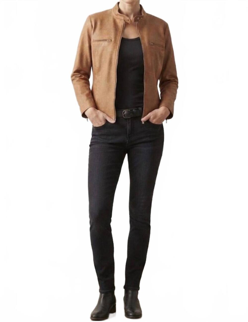 NEW SUSAN BENDER zip sleeve moto cross leather jacket in saddle